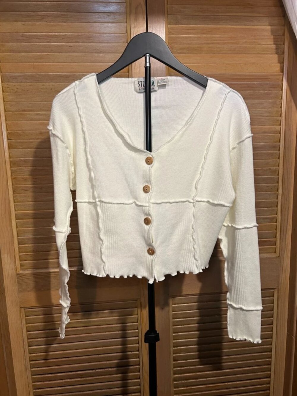 Stefano Vintage Reconstructed Ribbed Knit Ivory Cropped Cardigan Size L